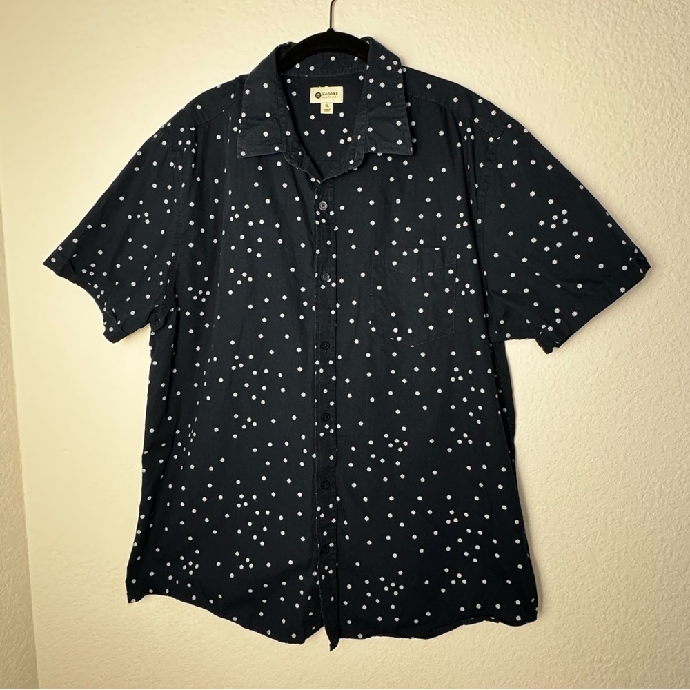 Haggar Nautical Short Sleeve Deep Navy Mens Button Down Casual Shirt, Size XL